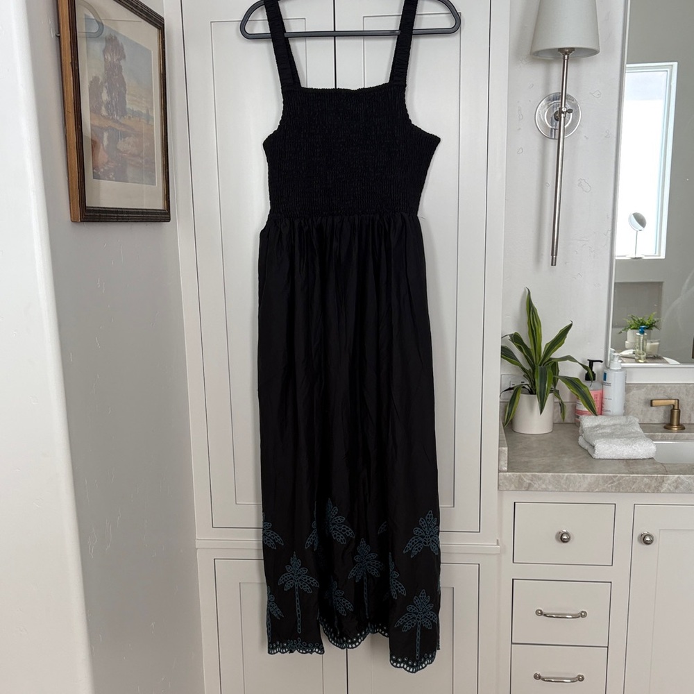 Marine Layer Black Smocked Maxi Dress with Blue Embroidered Hem